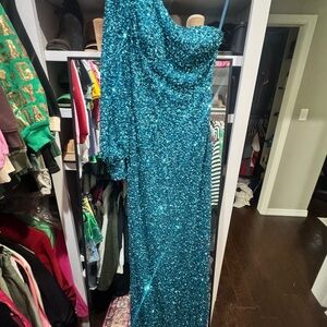 Teal Sequin One-Shoulder Gown